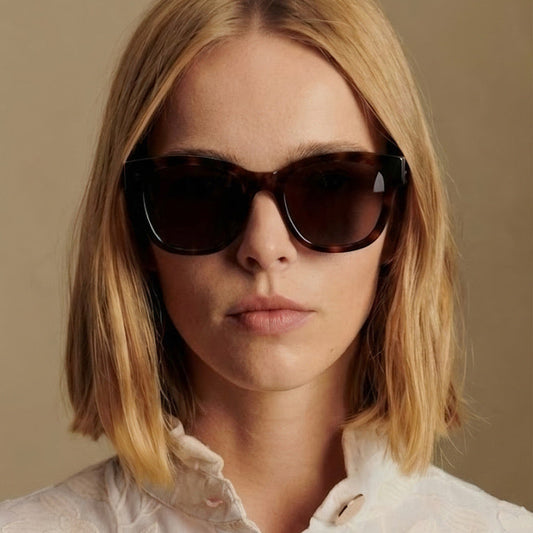 Model wearing Luna Brown Tortoise square sunglasses