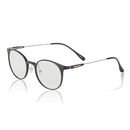 Aura Black full-rim blue-light glasses, angled product view on light gray