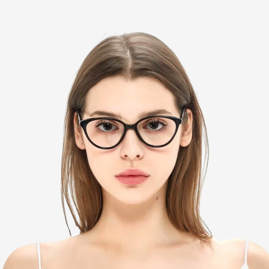 Model wearing Sienna Black cat-eye glasses, front view