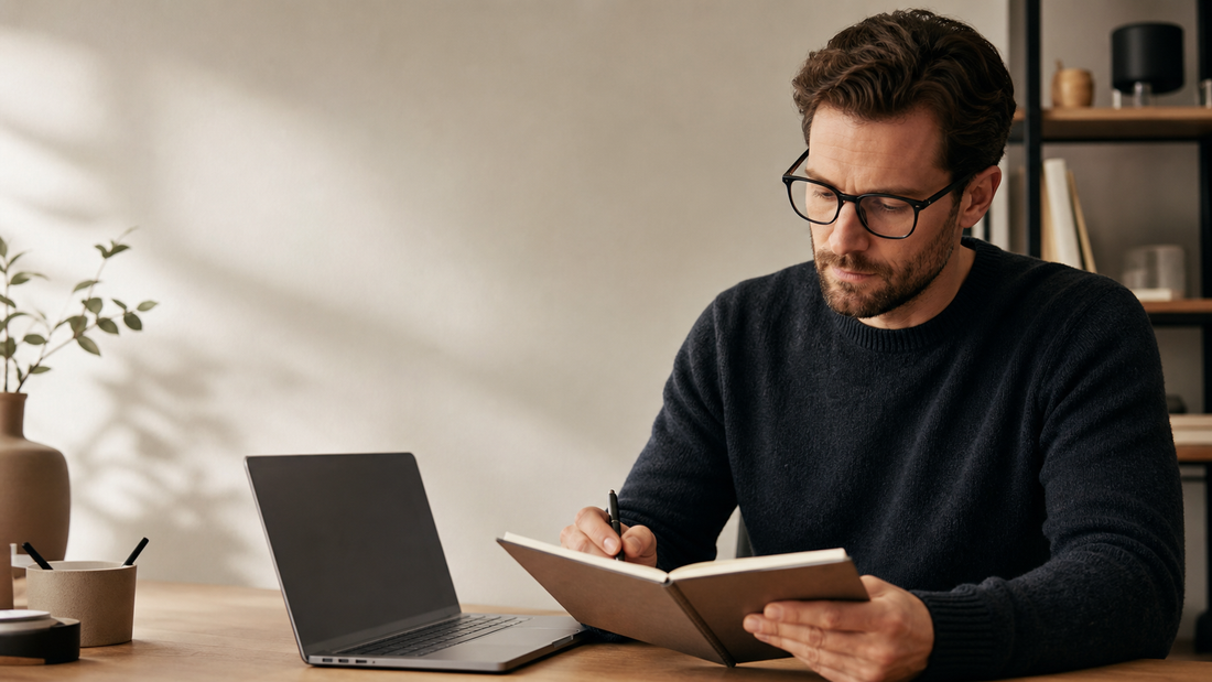 Person wearing black eyeglasses while working at a desk