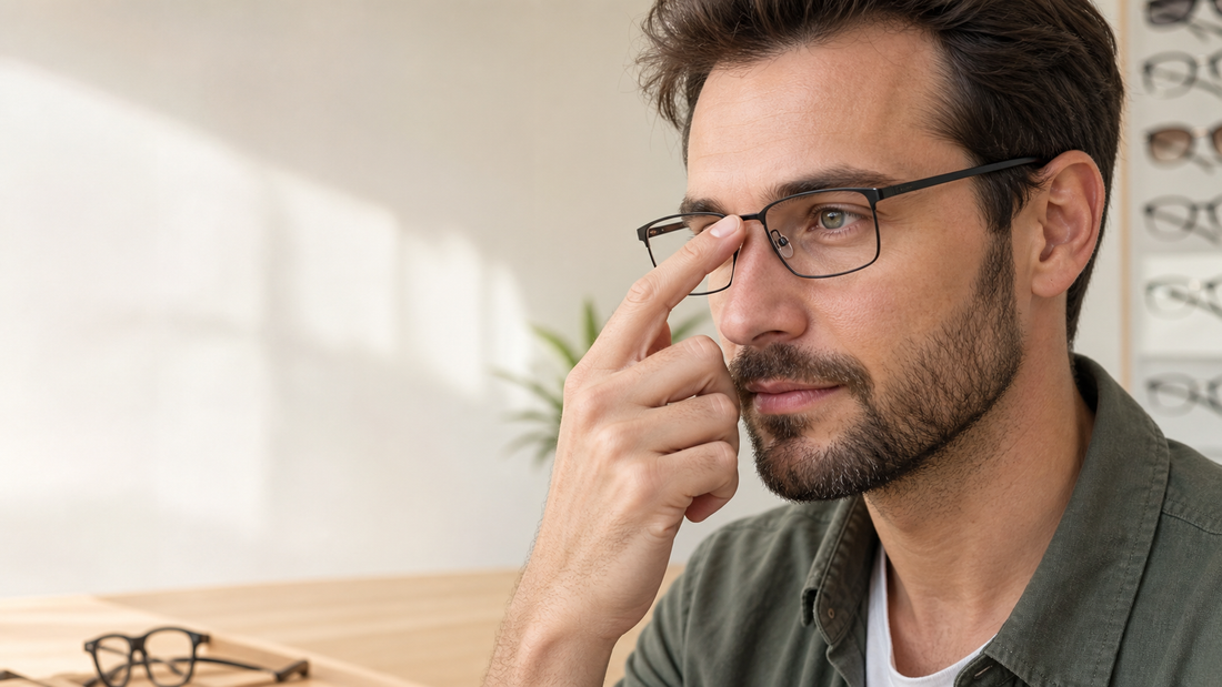 Person adjusting rectangular eyeglasses in an optical studio
