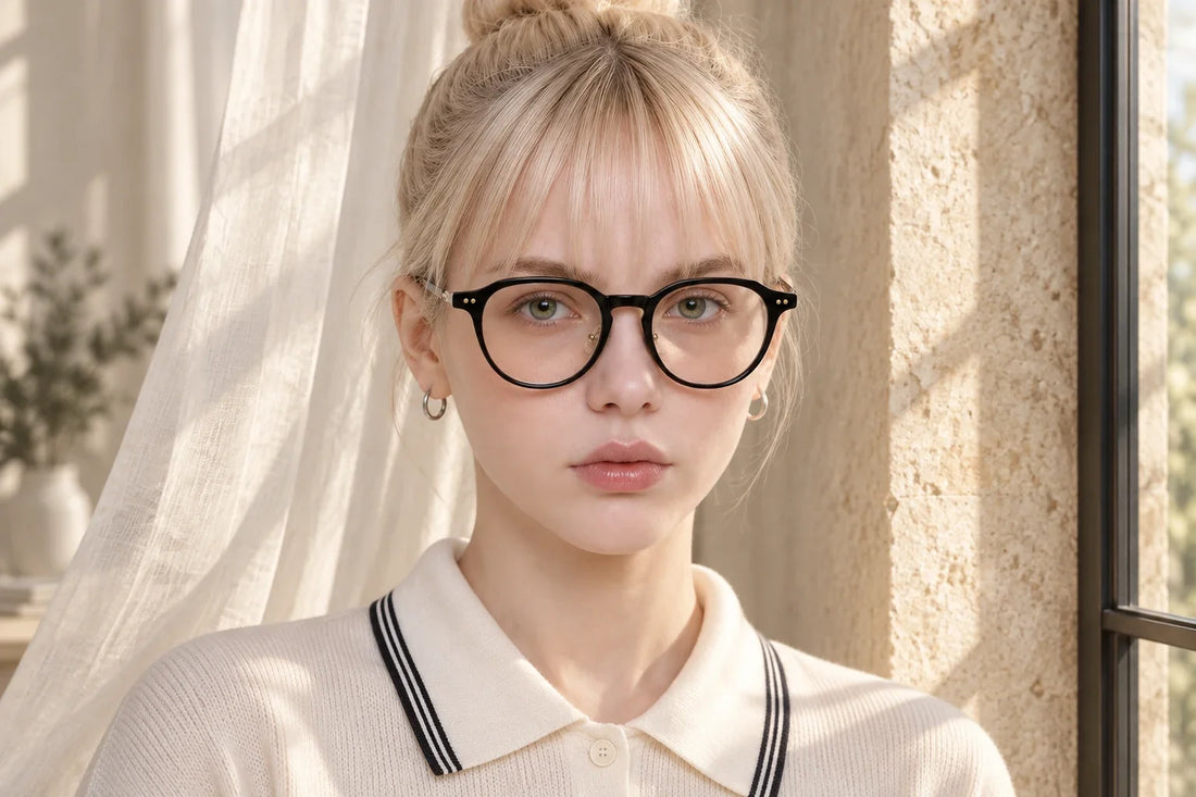 Model wearing Petals Black oval glasses beside a softly lit window