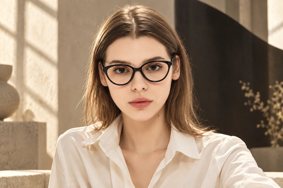 Model wearing Sienna Black cat-eye glasses with an ivory shirt and sculptural backdrop