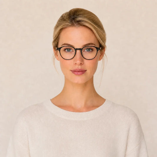 Petals Black oval glasses on Ava in a Le Seven Reference Look