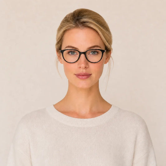 Sienna Black cat-eye glasses on Ava in a Le Seven Reference Look