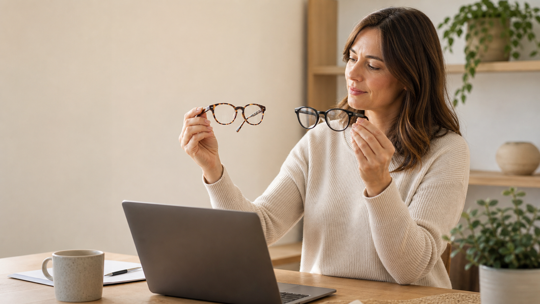 Person comparing two pairs of eyeglasses at a desk