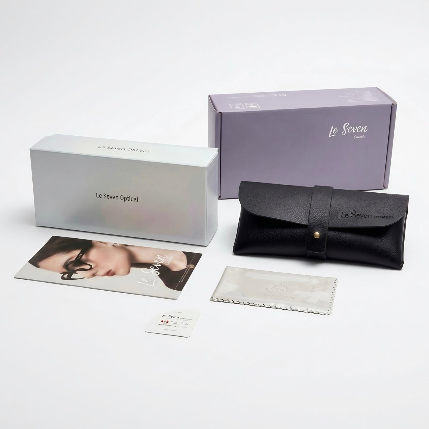 Le Seven Optical eyewear case, cleaning cloth, and packaging