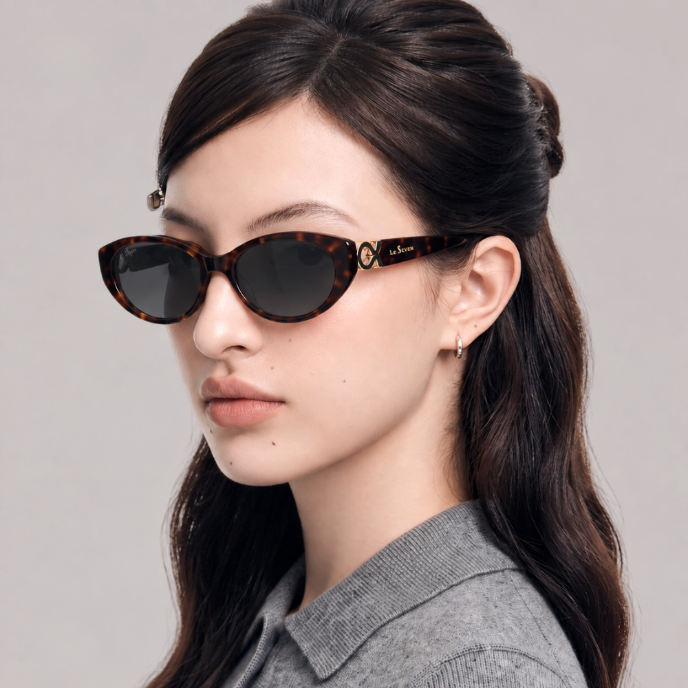 Model wearing Kora Tortoise cat-eye sunglasses