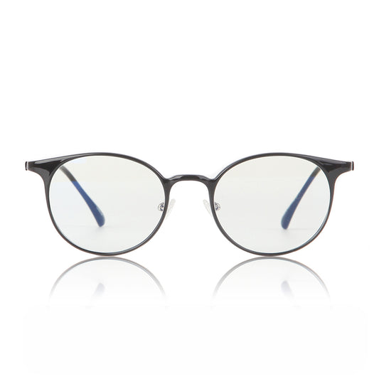 Aura Black full-rim blue-light glasses, front product view on light gray