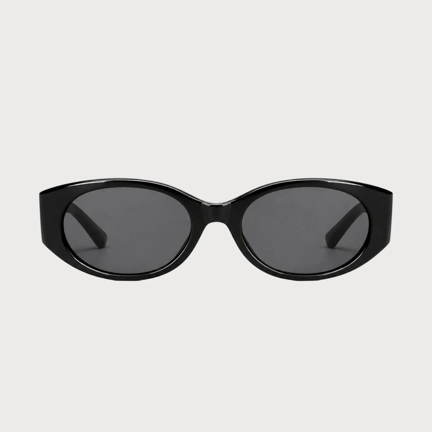 Bella Black oval polarized sunglasses, front product view on light gray