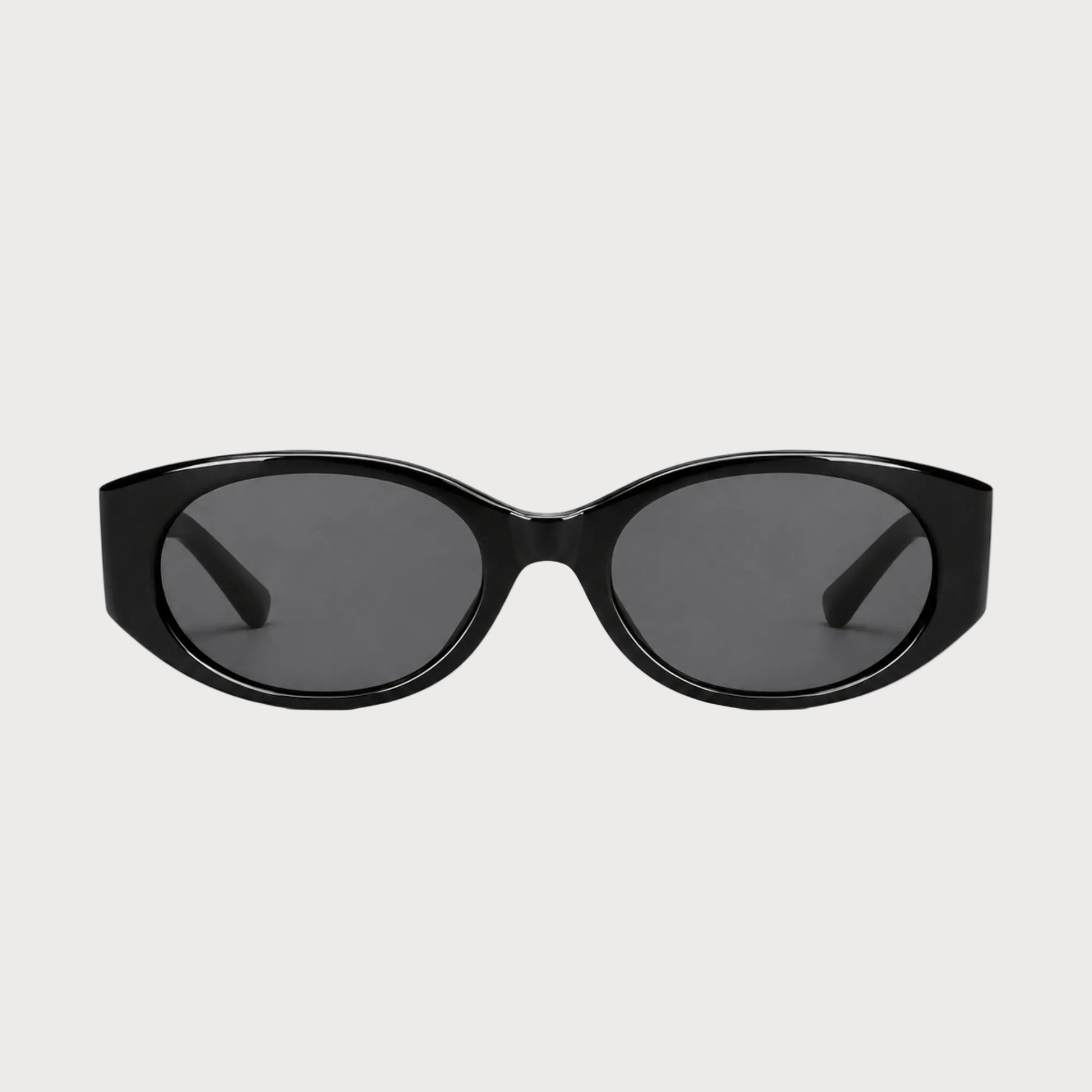 Bella Black oval polarized sunglasses, front product view on light gray