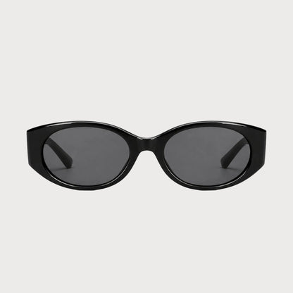 Bella Black oval polarized sunglasses, front product view on light gray