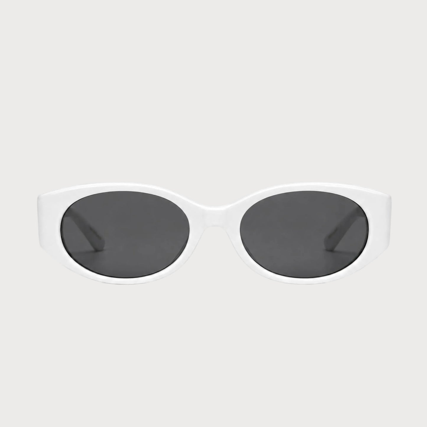 Bella White oval polarized sunglasses, front product view on light gray