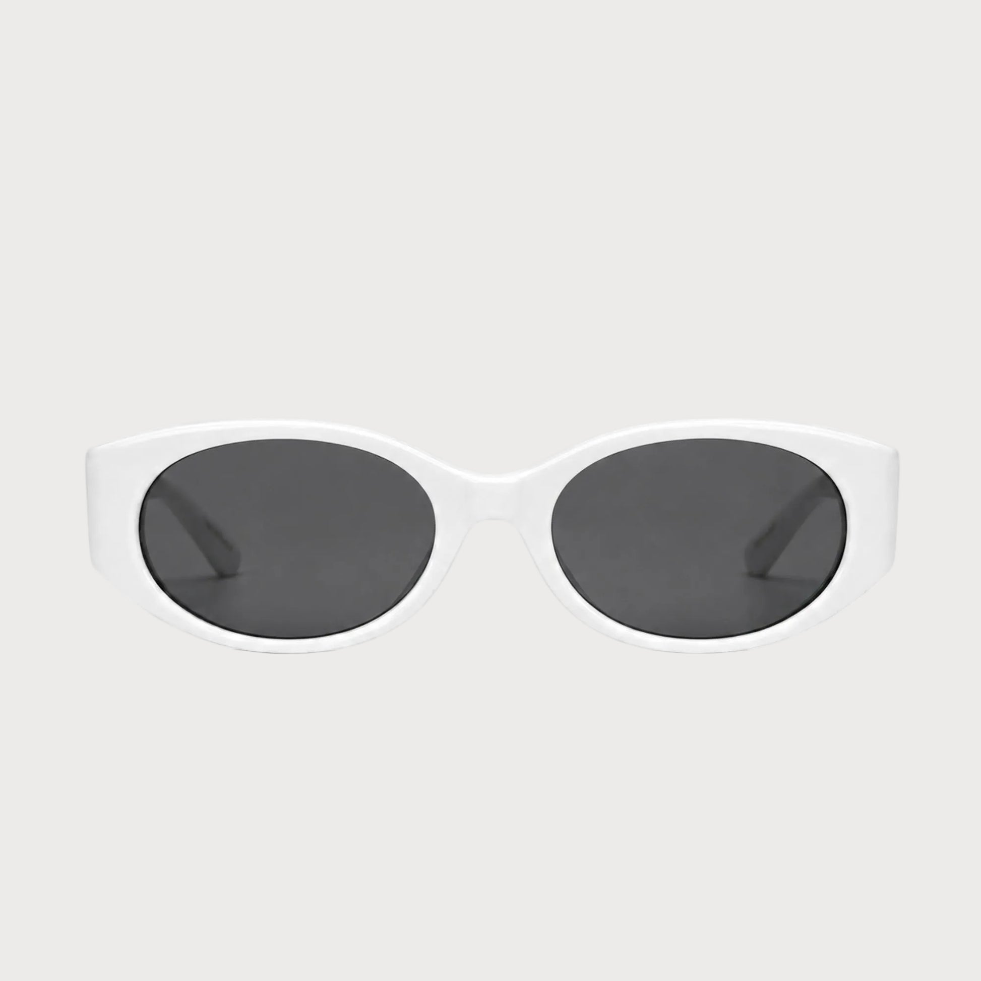 Bella White oval polarized sunglasses, front product view on light gray