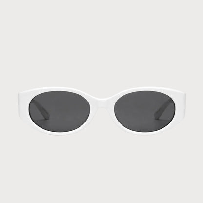 Bella White oval polarized sunglasses, front product view on light gray
