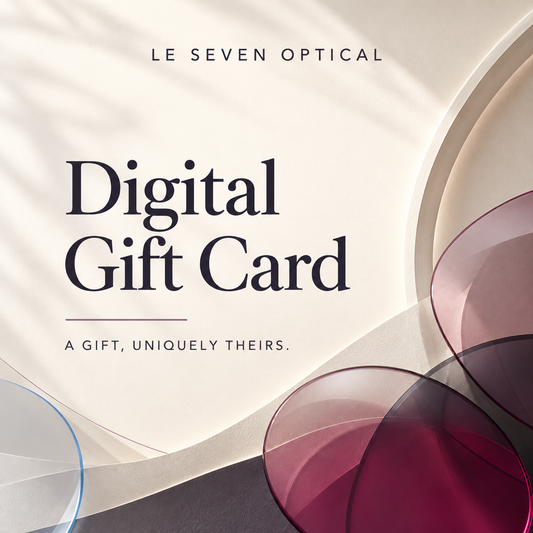 Le Seven Optical digital gift card, ivory design with burgundy optical lens forms