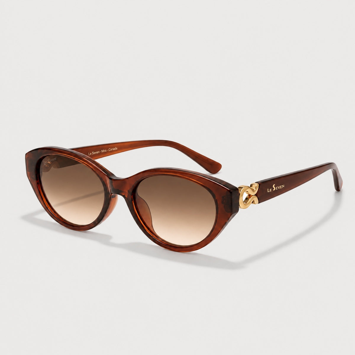 Mira Caramel sunglasses, three-quarter front-side view on a light gray background.