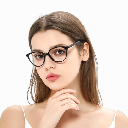 Model wearing Sienna Black cat-eye glasses, angled view