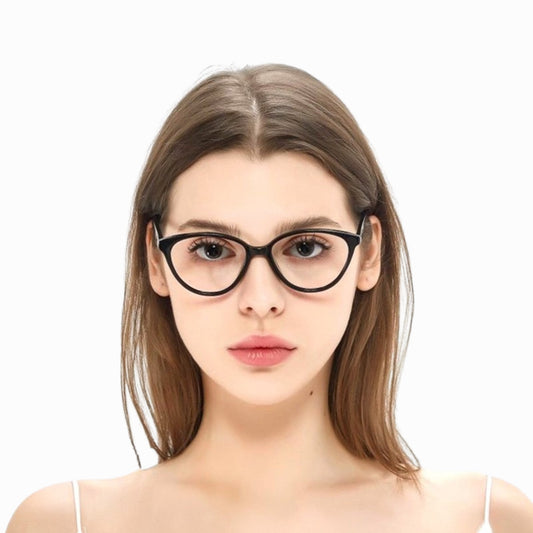 Model wearing Sienna Black cat-eye glasses, front view