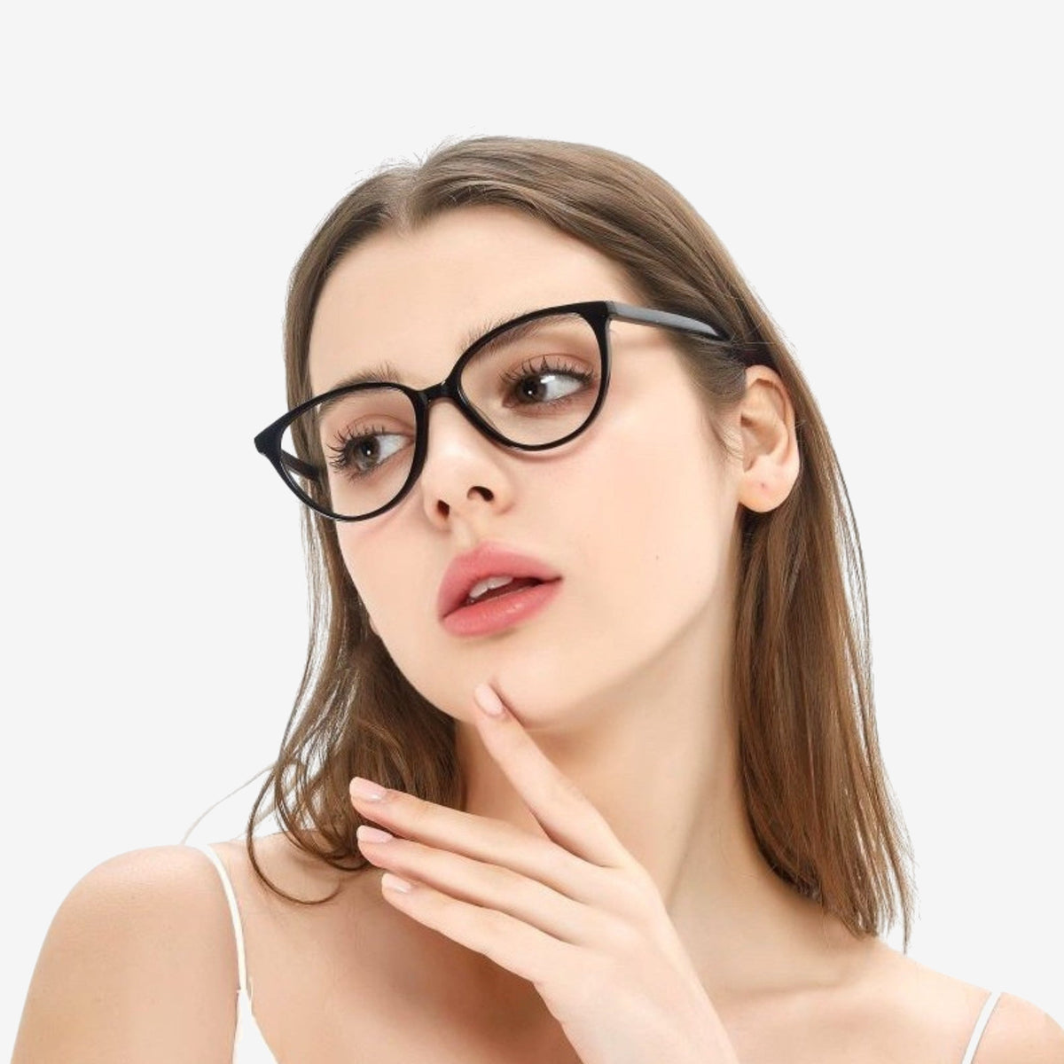 Model wearing Sienna Black cat-eye glasses, angled view