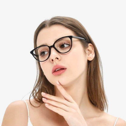 Model wearing Sienna Black cat-eye glasses, angled view