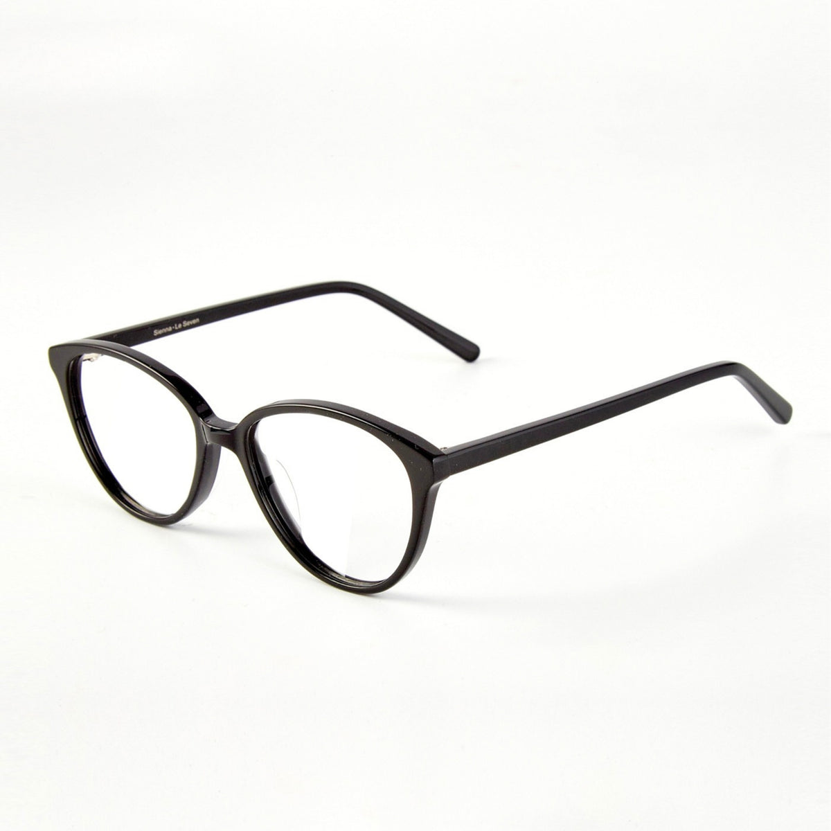 Sienna Black cat-eye glasses, angled product view on light gray
