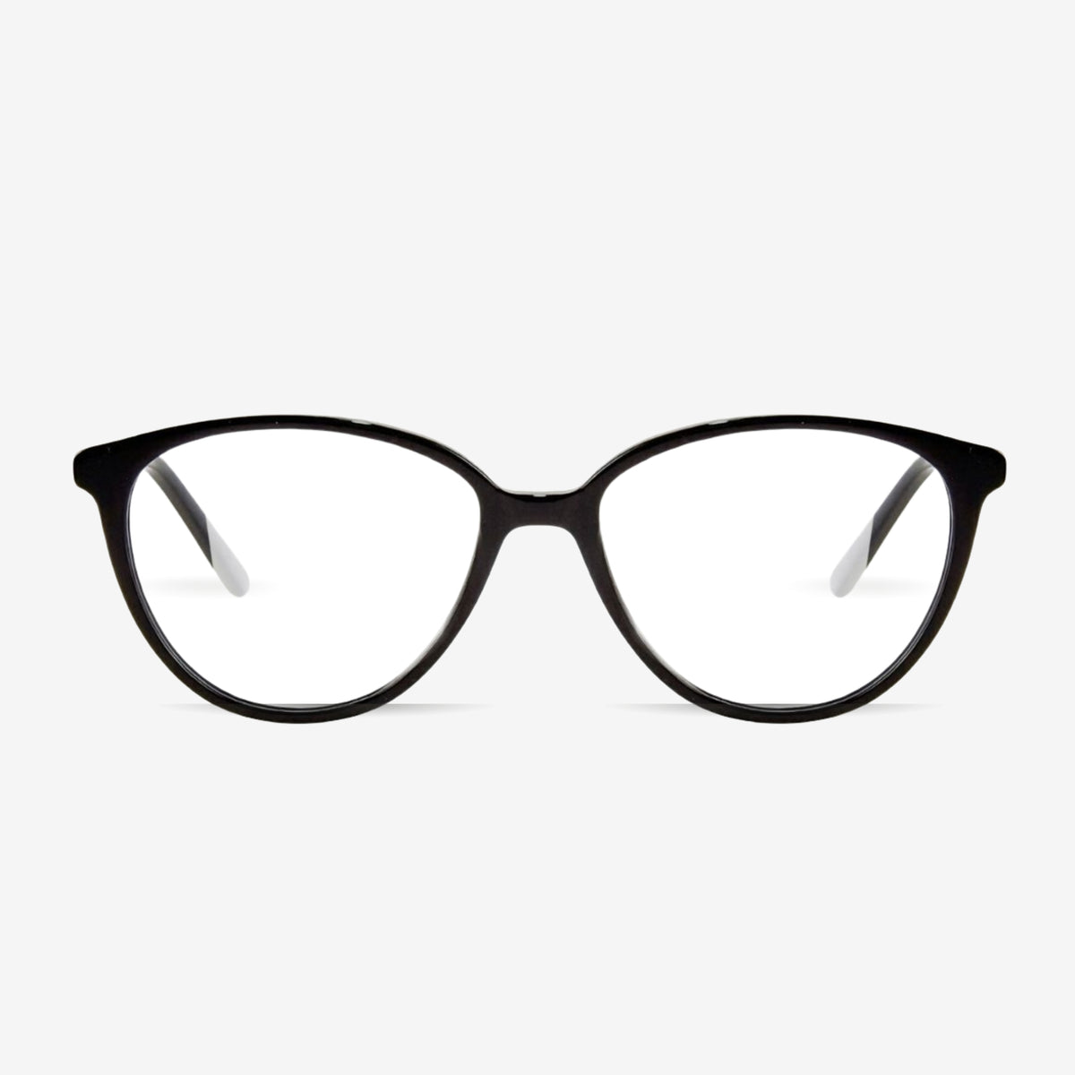 Sienna Black cat-eye glasses, front product view on light gray