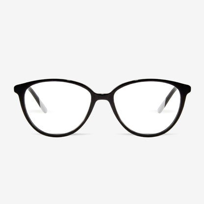 Sienna Black cat-eye glasses, front product view on light gray