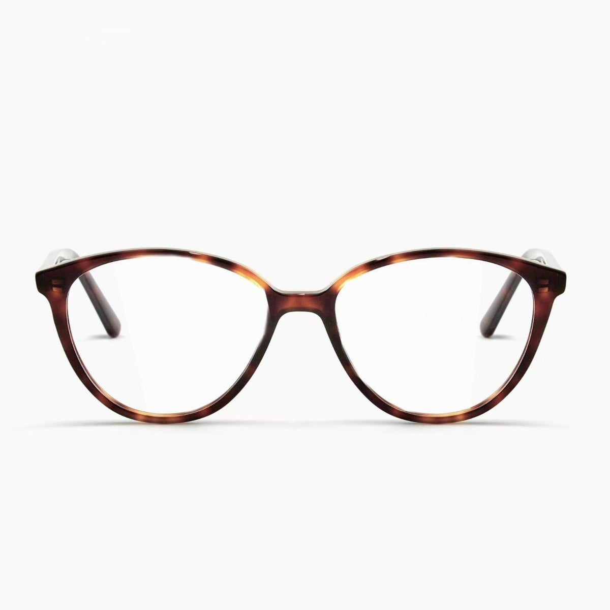 Sienna Brown Tortoise cat-eye glasses, front product view on light gray