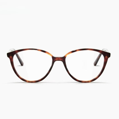 Sienna Brown Tortoise cat-eye glasses, front product view on light gray