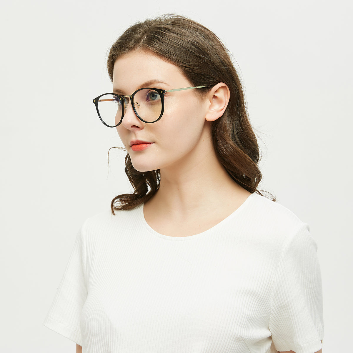 Concept Golden Black optical frames, worn by a model