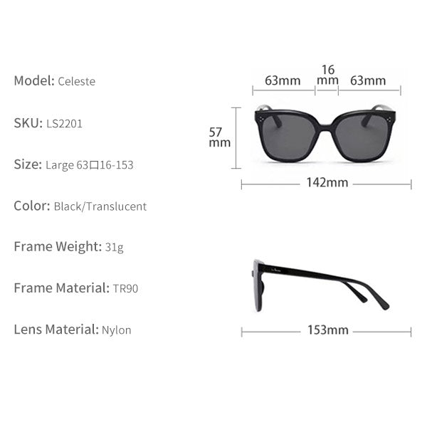 Celeste sunglasses dimensions and TR90 frame specifications