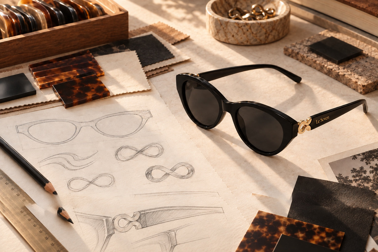 Editorial Mira design study with frame sketches, material swatches and the gold Le Seven mark on the temple