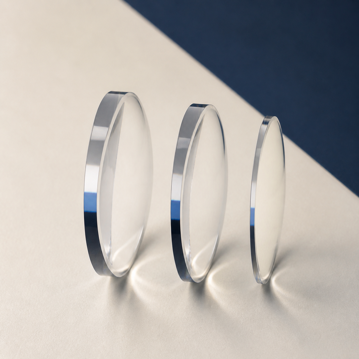 Three clear optical lenses shown in progressively thinner side profiles