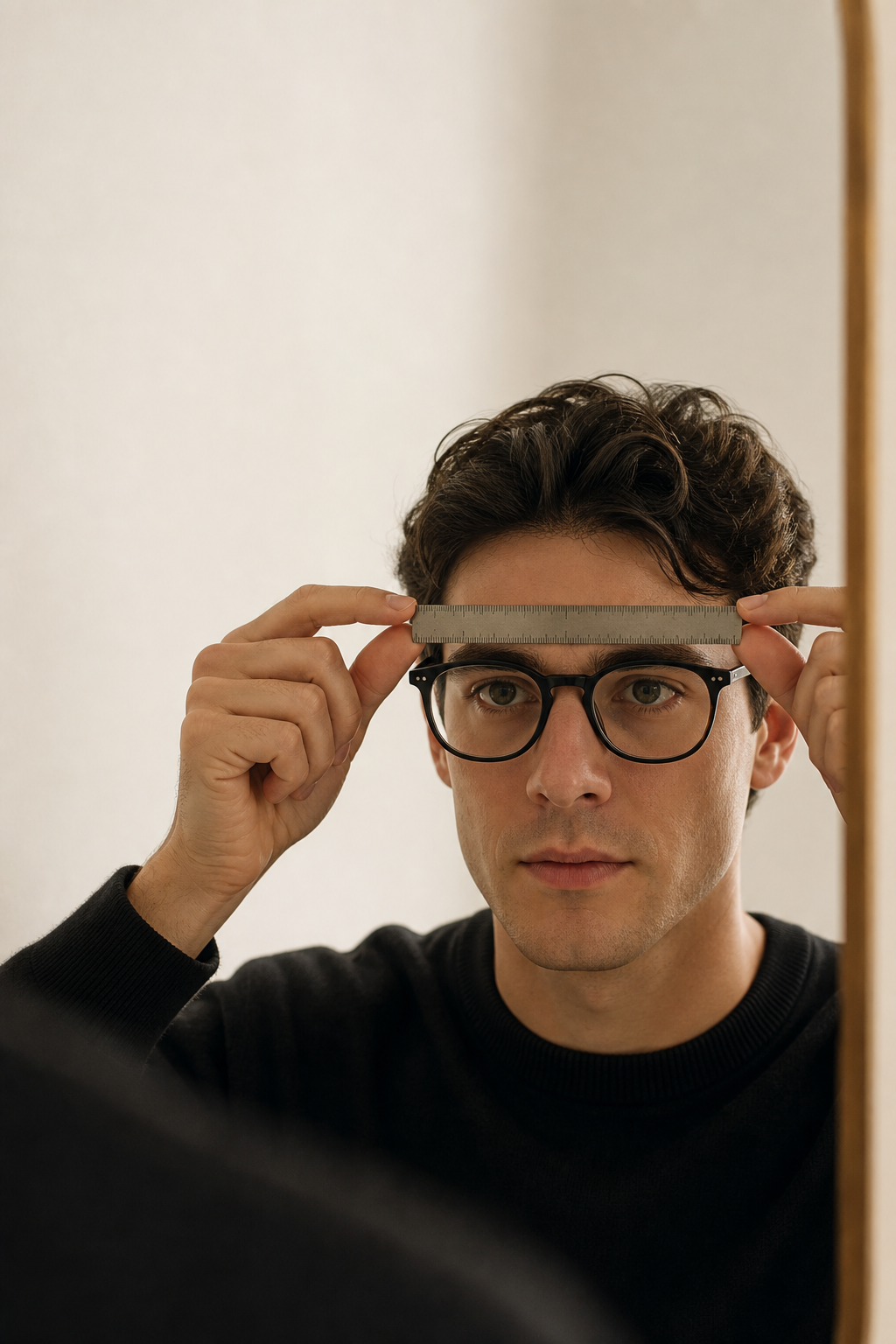 Person measuring pupillary distance with a ruler while wearing optical glasses