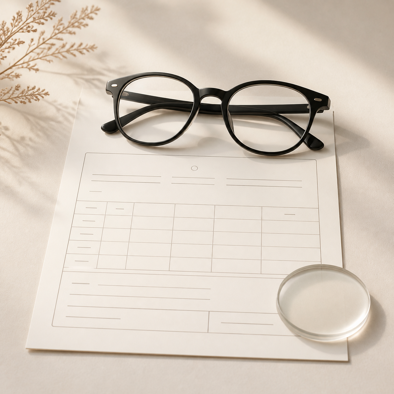 Optical glasses resting on a blank prescription form