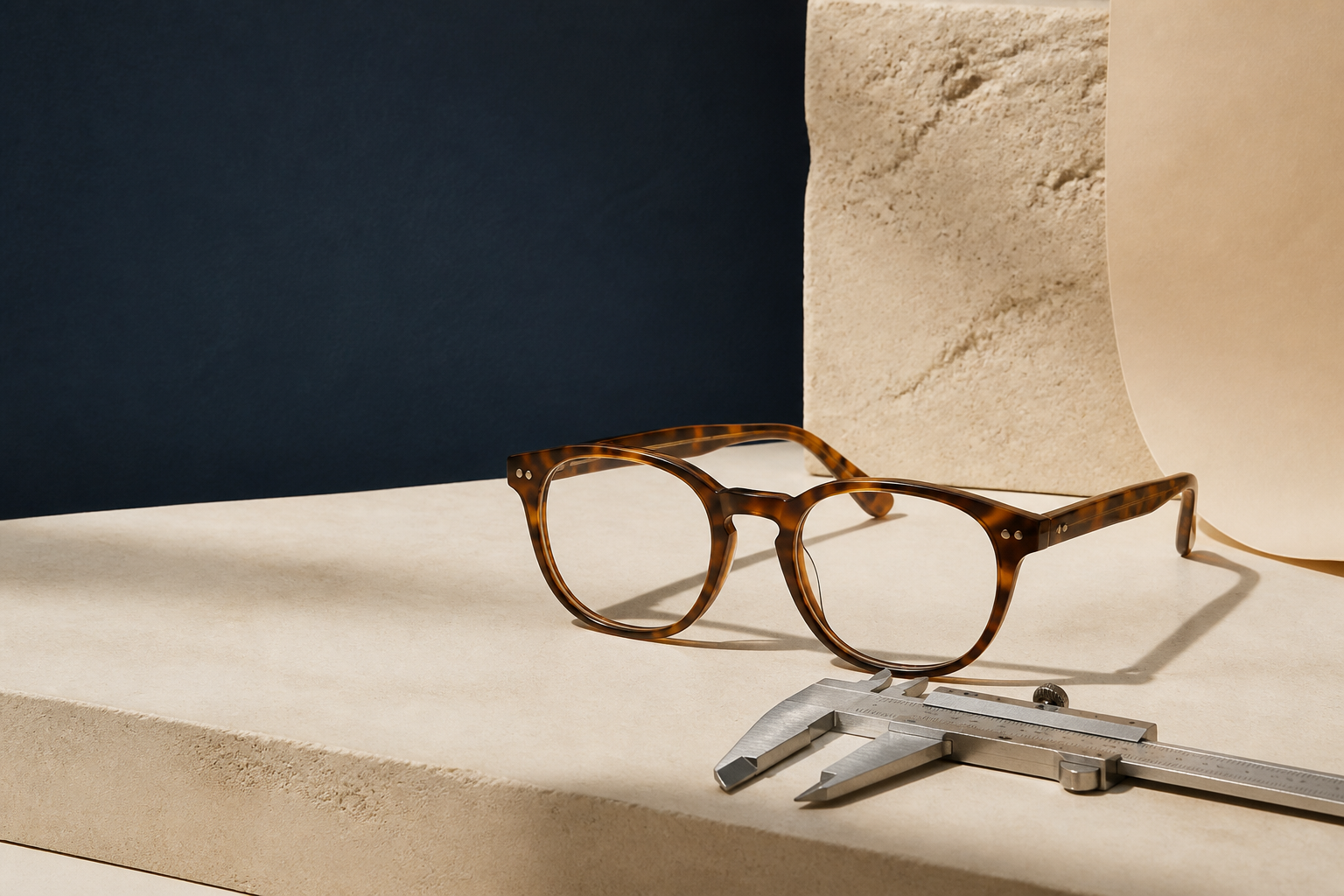 Tortoiseshell optical frame on a stone surface beside a caliper