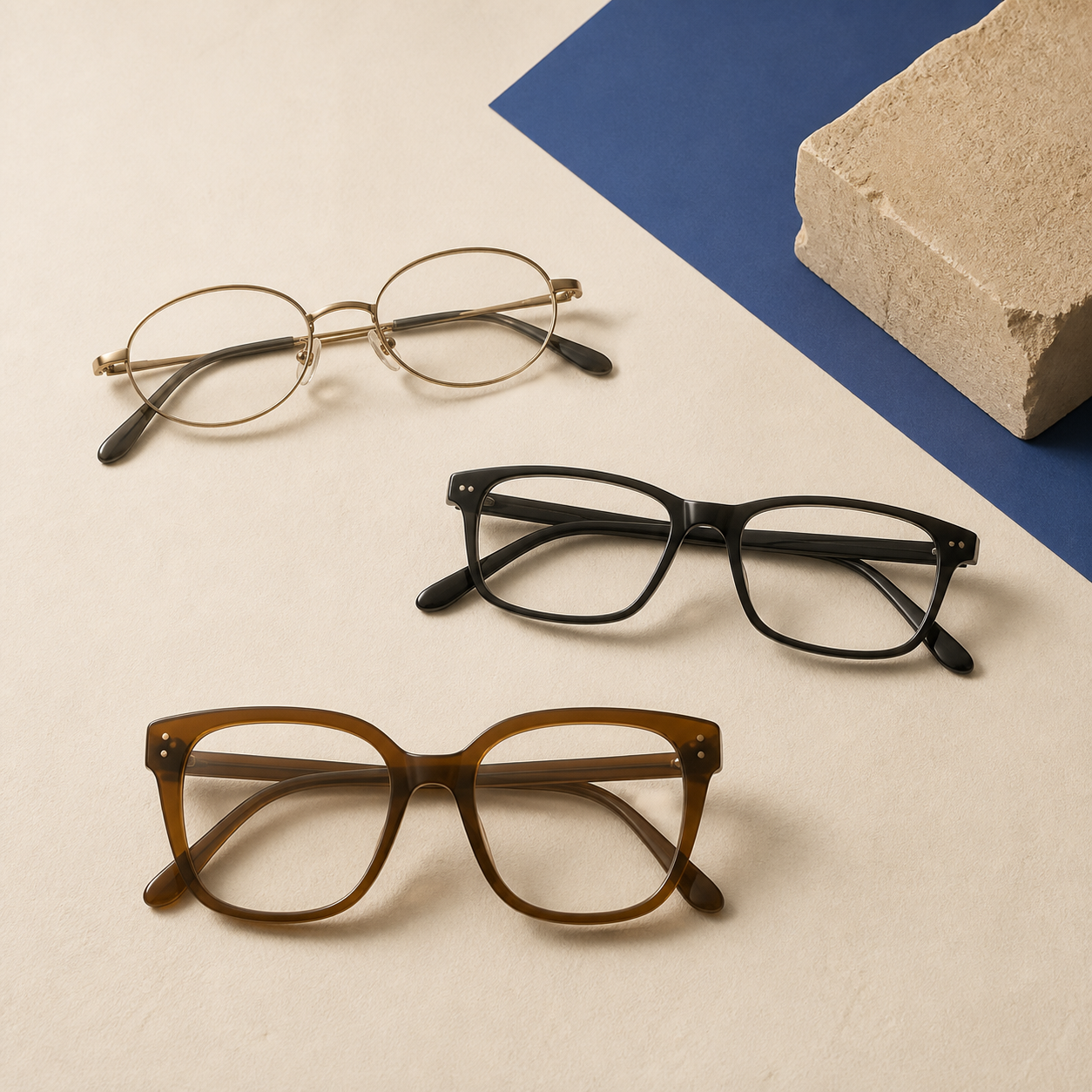 Three optical frames in narrow, balanced, and oversized proportions
