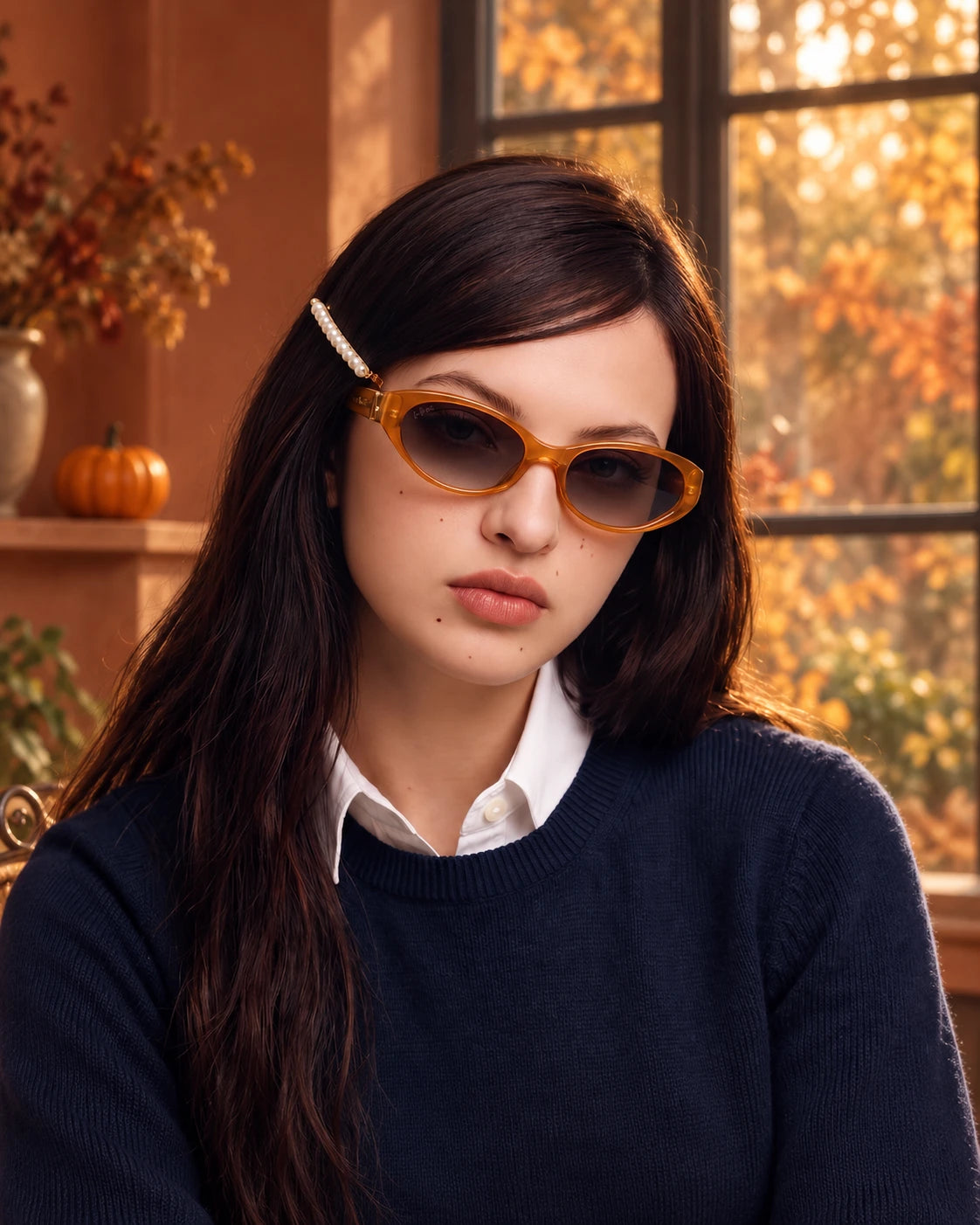 Kora Pumpkin sunglasses styled in warm autumn light